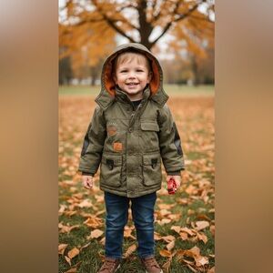 Kids FRANCE Orchestra olive army green jacket leather accents vintage look